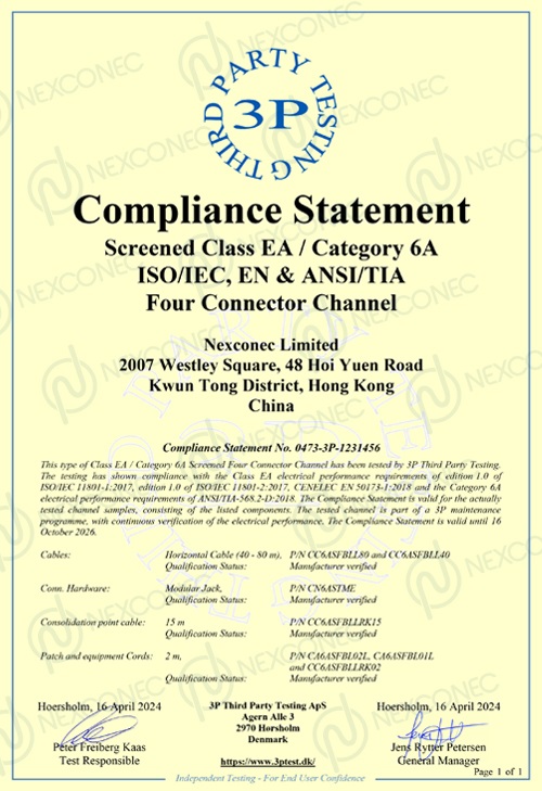 Cat6A/Class EA Compliance Statement