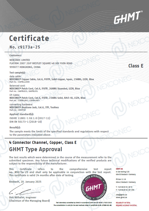 Cat6 F/UTP GHMT Type Approval 4-Connector Channel